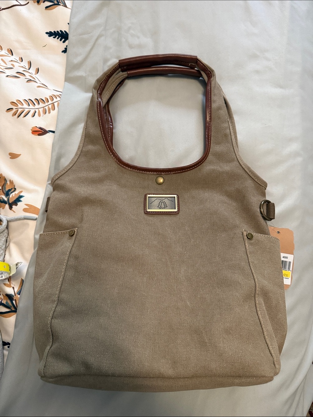 Canvas Hobo Tote in Taupe with Brown Trim